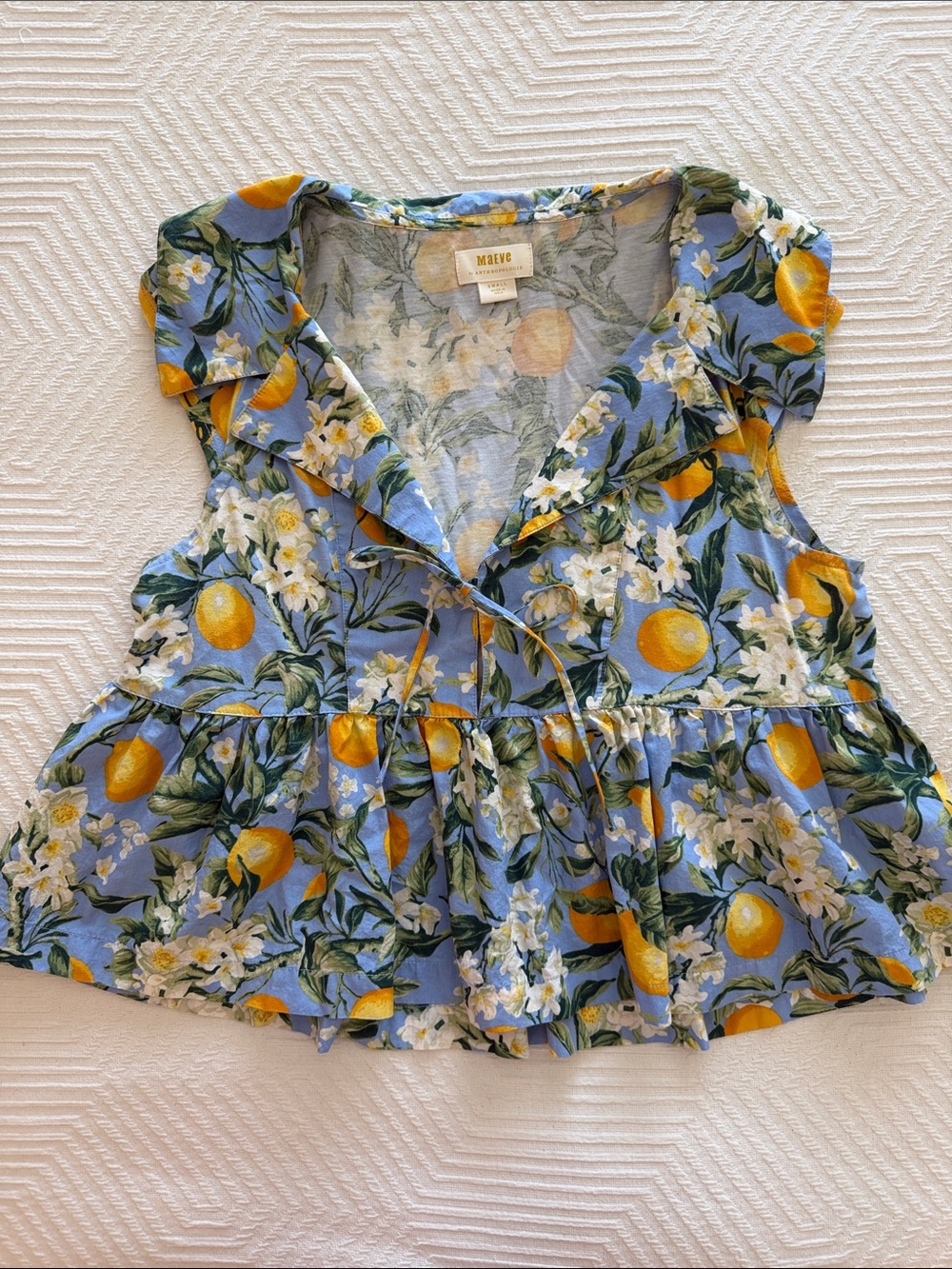 Maeve Blue Lemon Print Tie-Front Blouse